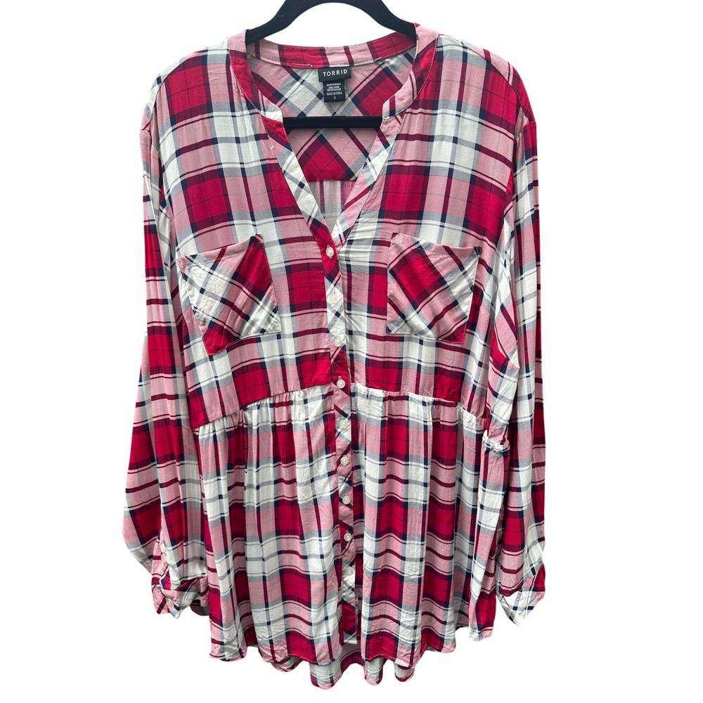 Torrid Red Plaid Babydoll Tunic Top Long Sleeve Button Front Rayon Size 3 Plus